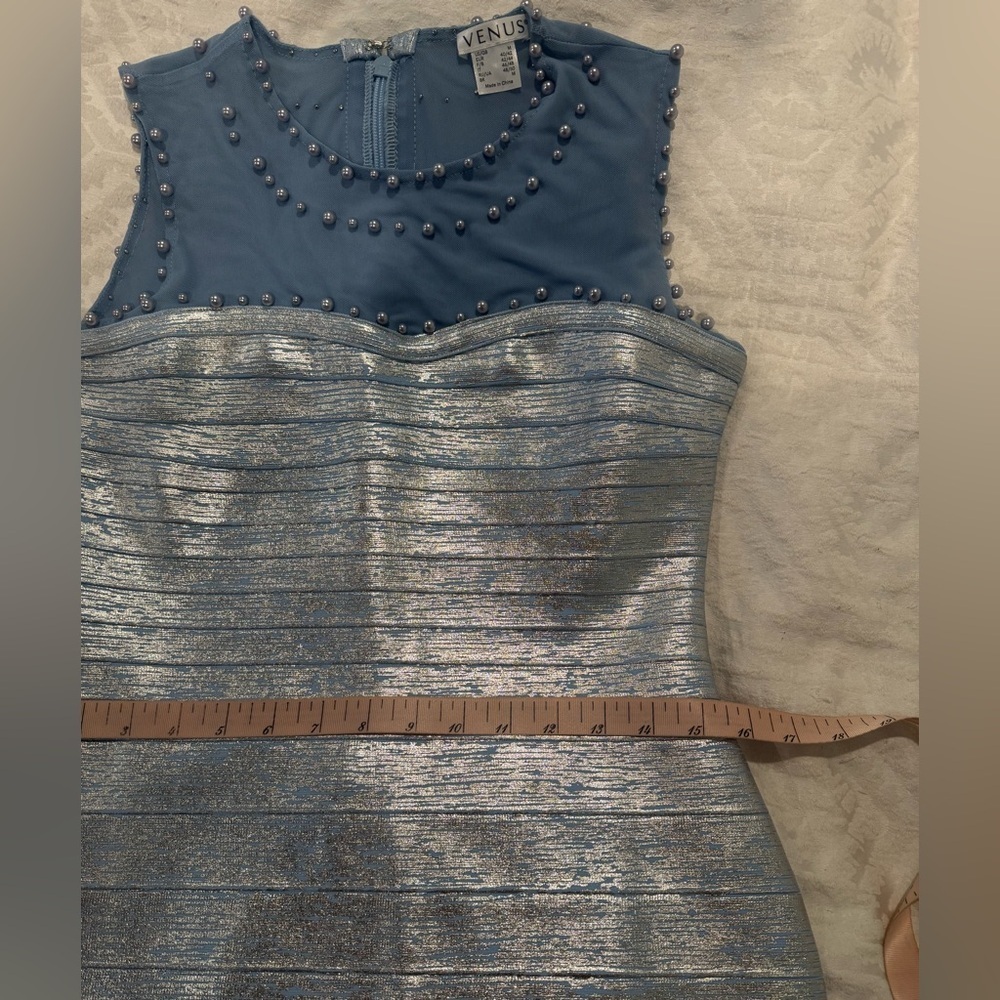 VENUS metallic Silver and blue bodycon Mini Dress mesh pearl embellishment - Picture 8 of 11
